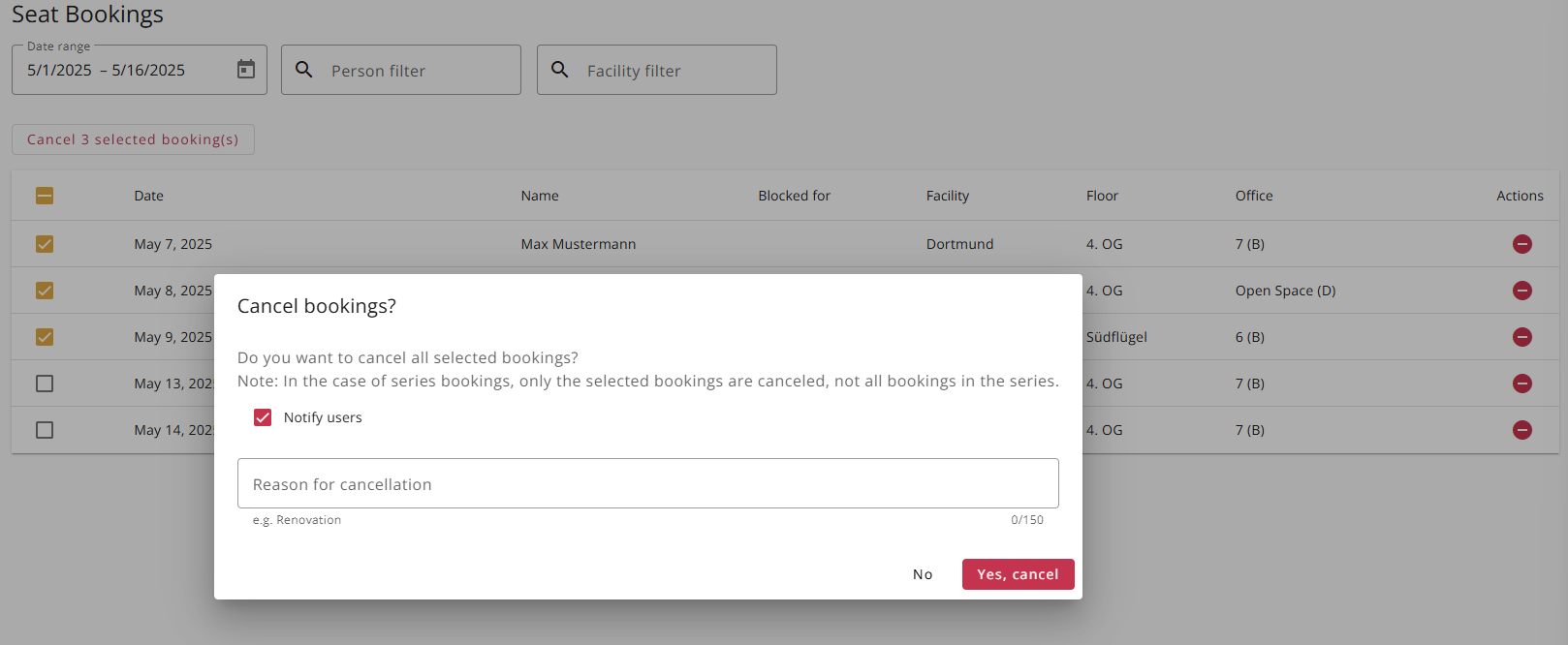 Cancel selected bookings