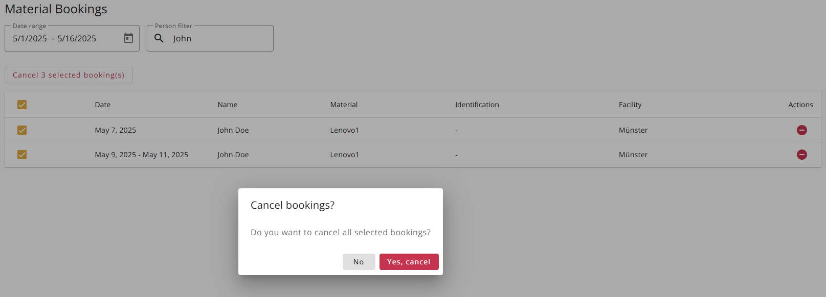 Cancel selected bookings